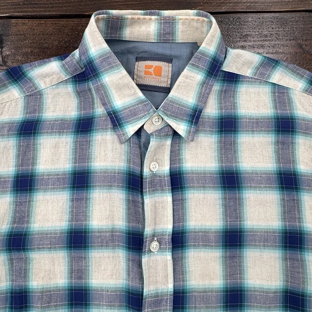 Boss Orange by Hugo Boss Mens M Shirt Blue White Plaid Print Linen Short Sleeves